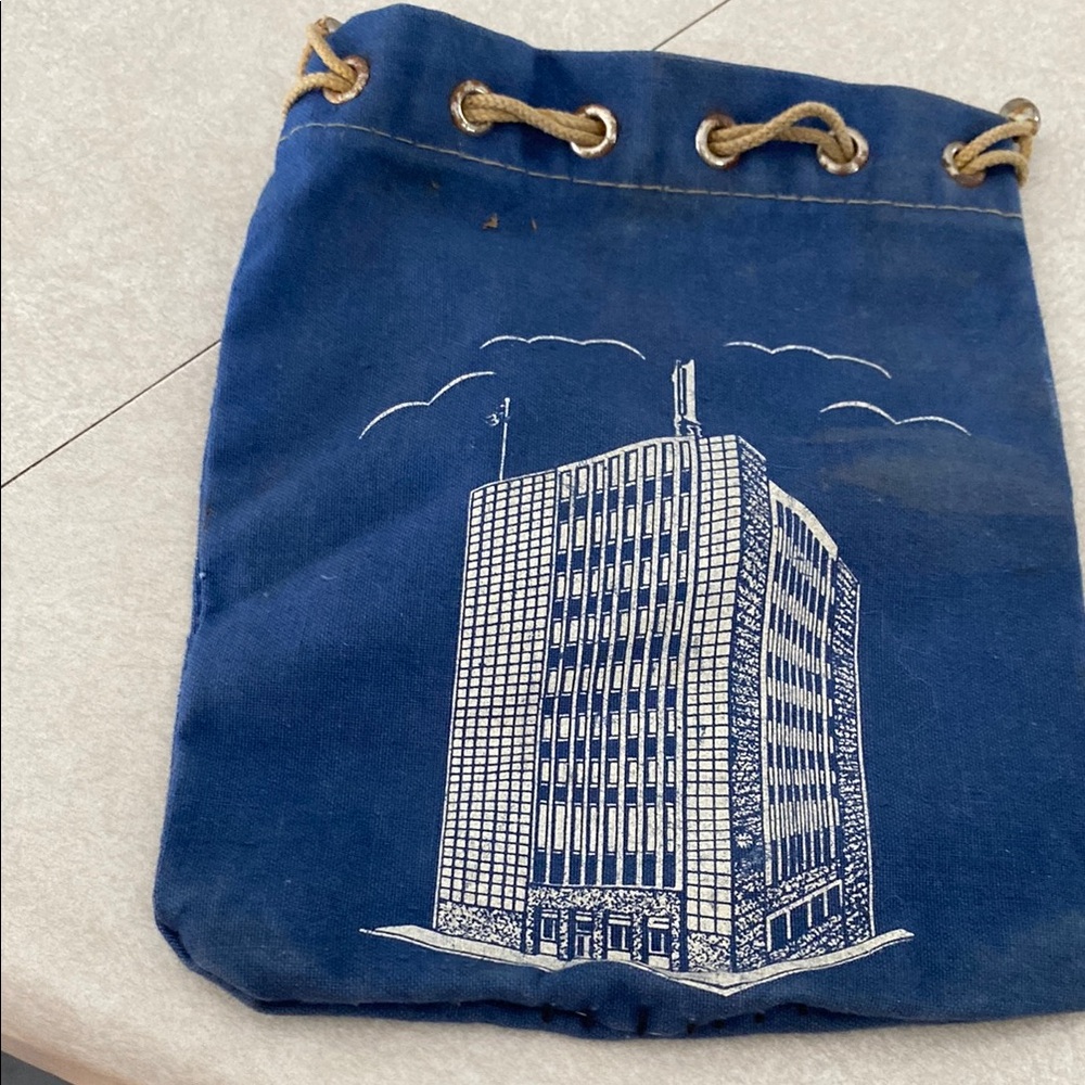 Blue Canvas Drawstring Bag with Building Print